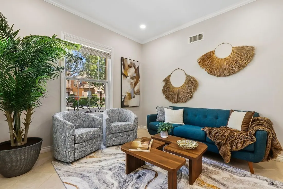 Staged living room prepared for a real estate photography shoot